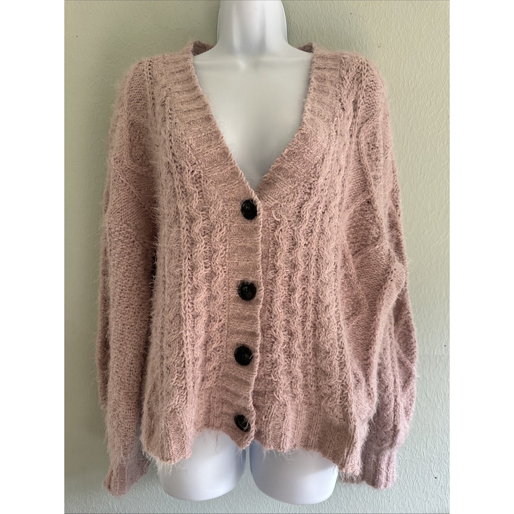 Pastel Pink Knit Cardigan Sweater Cozy Soft Girl Fluffy Cable Oversized V Neck L